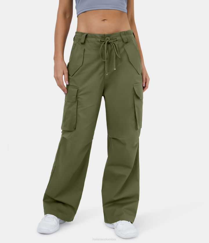 ropa rama de olivo BBV2NZ162 mujer Halara Pantalones cargo informales con pernera ancha y bolsillos múltiples con cremallera y botón con cordón ajustable de talle medio