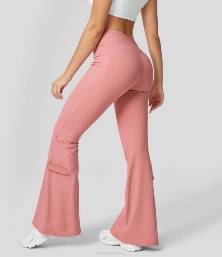 ropa rosa caramelo BBV2NZ354 mujer Halara pantalones casuales acampanados con bolsillo lateral cruzado y cintura alta