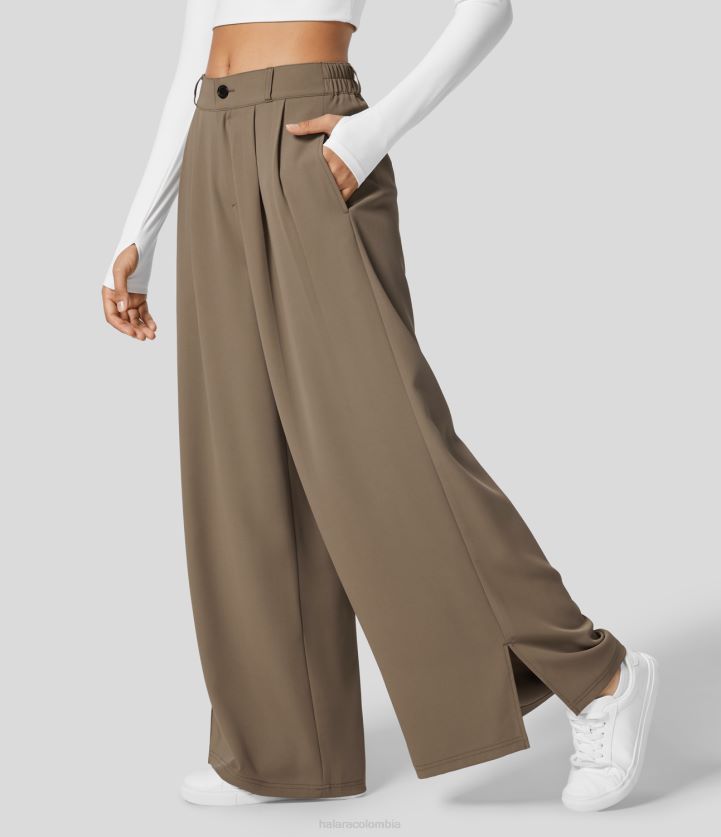 ropa tinte sepia BBV2NZ147 mujer Halara pantalones de trabajo de pierna ancha con dobladillo dividido y bolsillo lateral plicado con cremallera y botones de talle alto