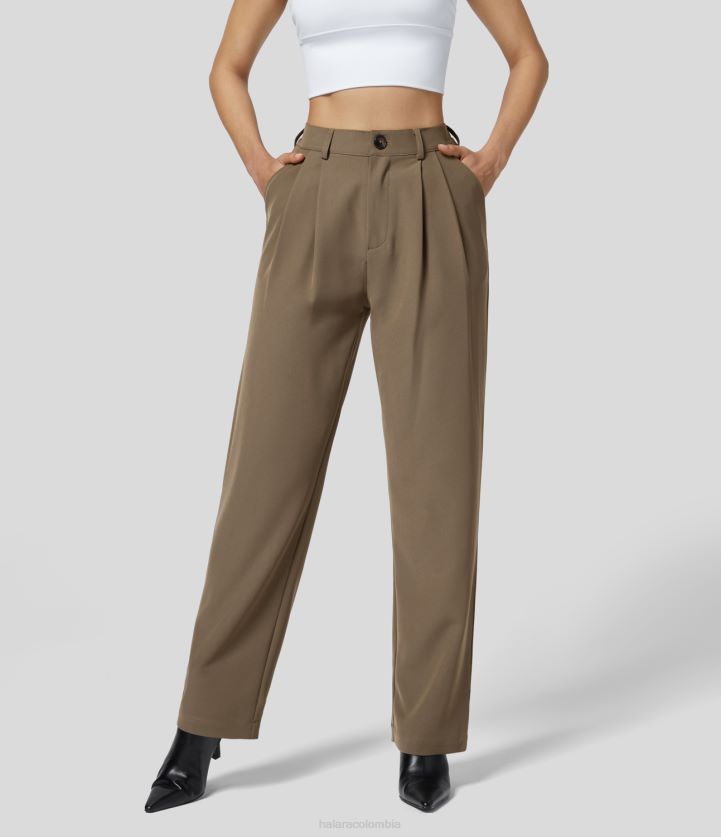 ropa tinte sepia BBV2NZ404 mujer Halara pantalones de trabajo con bolsillo lateral plisado y cremallera con botones y talle alto