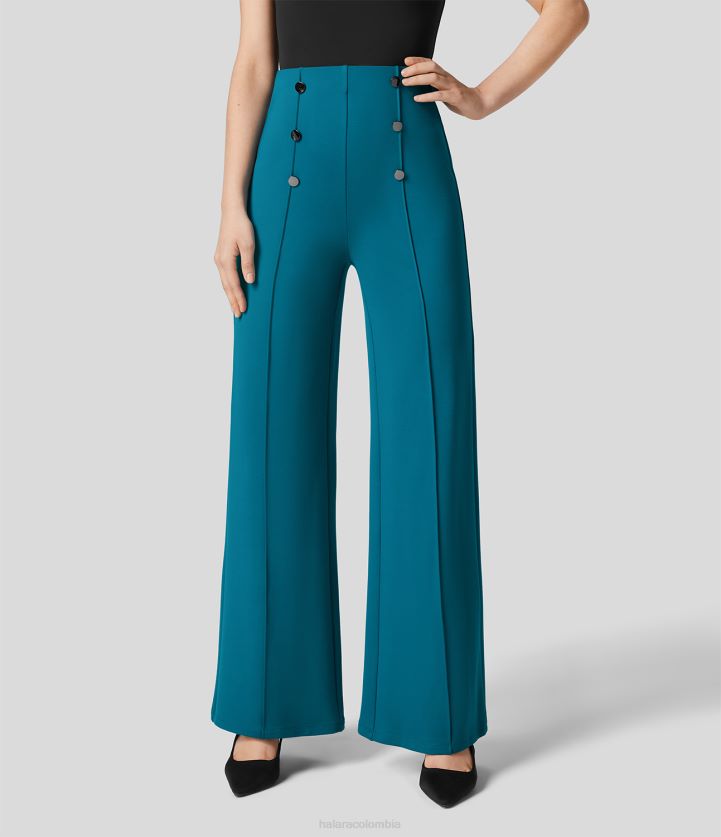 ropa verde azulado de cristal BBV2NZ118 mujer Halara pantalones de trabajo de pierna ancha con bolsillo con botones y cintura alta