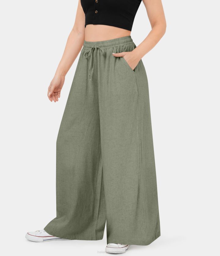 ropa verde gris oscuro BBV2NZ215 mujer Halara pantalones casuales de algodón con pierna ancha y bolsillo lateral con cordón en la cintura elástica