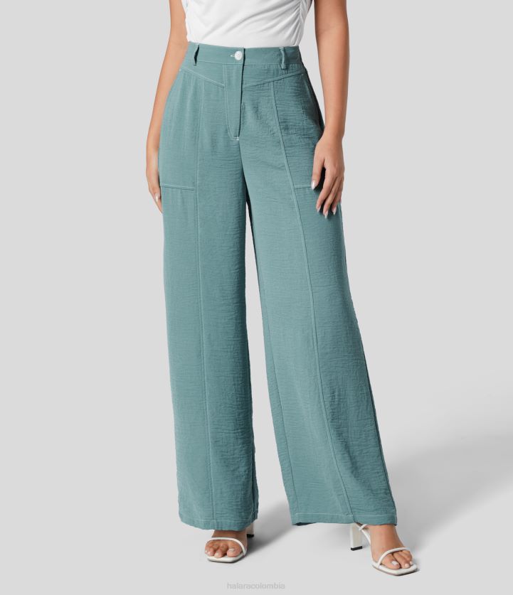 ropa verde rocío de la mañana BBV2NZ170 mujer Halara pantalones casuales de pierna ancha con bolsillo lateral con cremallera y botones de cintura alta