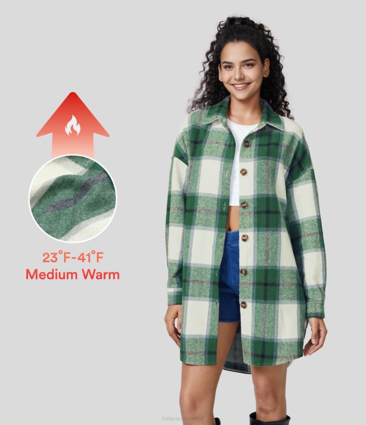 ropa cuadrado verde oscuro BBV2NZ2058 mujer Halara Chaqueta casual de lana a cuadros con cuello y botones, manga larga, dobladillo curvo, corte alto y bajo