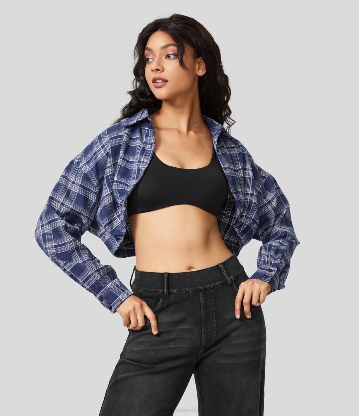 ropa cuadros azul profundo BBV2NZ1953 mujer Halara chaqueta casual recortada a cuadros de manga larga con botones y cuello