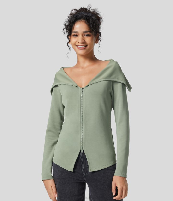 ropa espárragos BBV2NZ2059 mujer Halara chaqueta casual de manga larga con cremallera bidireccional y cuello en v