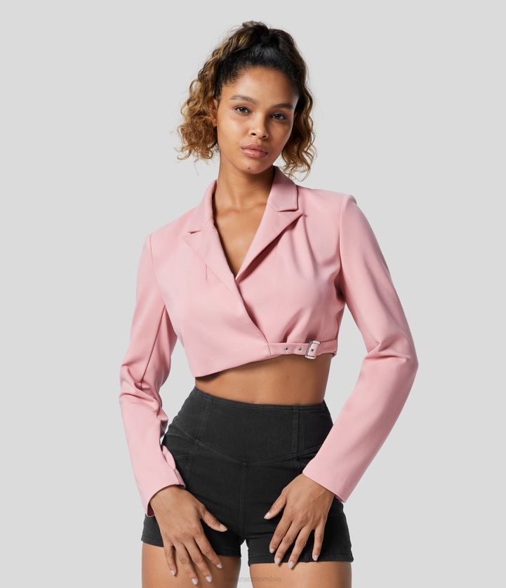 ropa flor de durazno rosa BBV2NZ1939 mujer Halara Chaqueta informal corta con cuello con muescas y hombreras con hebilla ajustable en el dobladillo