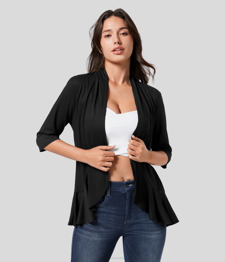 ropa negro BBV2NZ2038 mujer Halara abrigo casual alto-bajo con dobladillo con volantes y manga 3/4 con frente abierto