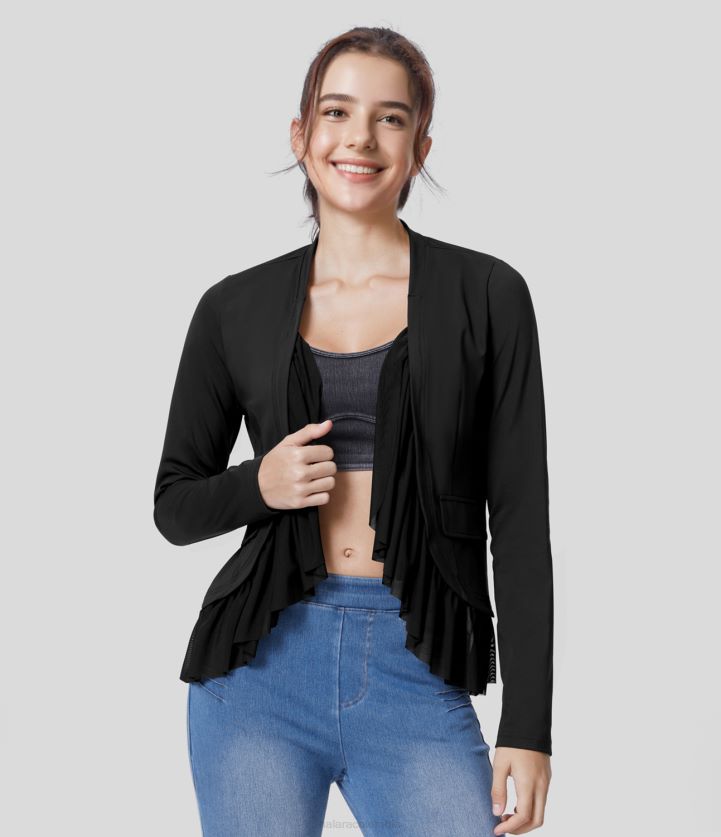 ropa negro BBV2NZ2045 mujer Halara Softlyzero chaqueta informal aireada de malla en contraste con volantes y lazo en la parte delantera, alta, baja y de tacto fresco