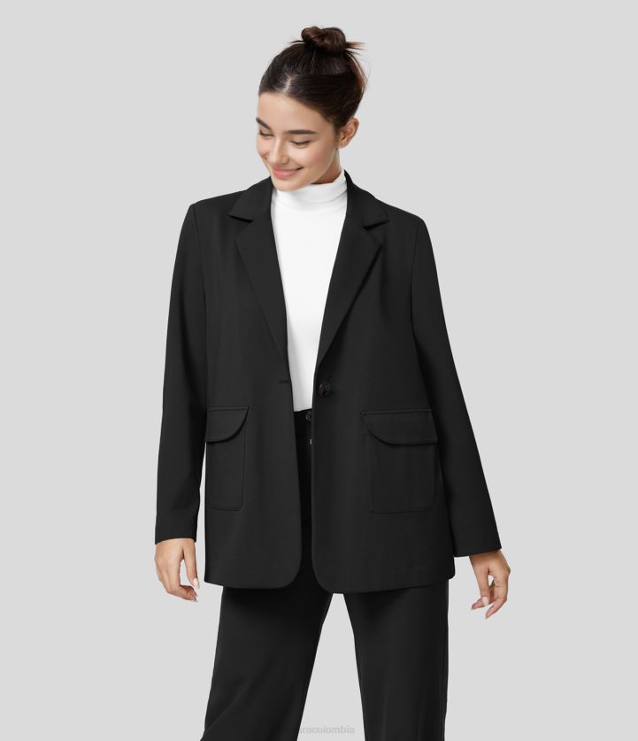 ropa negro BBV2NZ2055 mujer Halara Blazer de trabajo con cuello con muescas y hombreras con botón y bolsillo lateral