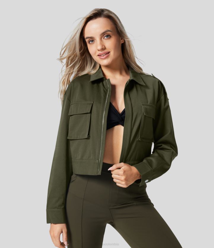 ropa niebla verde avellana BBV2NZ246 mujer Halara chaqueta de algodón cargo informal sólida con cremallera y bolsillo con solapa y cuello