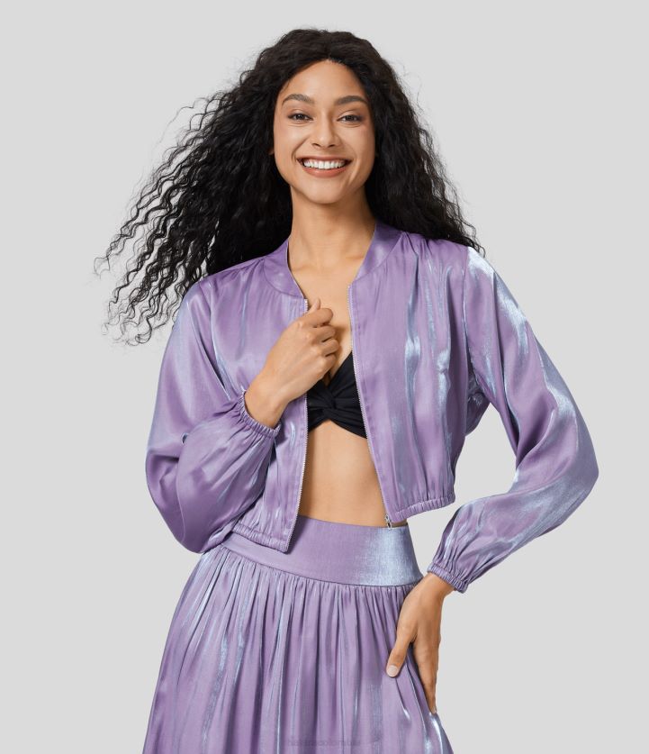 ropa rapsodia BBV2NZ2047 mujer Halara chaqueta bomber casual brillante con cremallera y bolsillo lateral