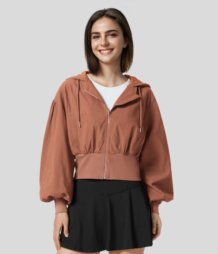 ropa rojo óxido BBV2NZ1970 mujer Halara chaqueta informal recortada de algodón con capucha, cordón y cremallera, bolsillo lateral, dobladillo acanalado