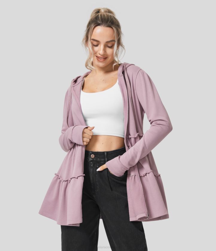 ropa violeta peonía BBV2NZ2056 mujer Halara chaqueta casual de algodón con capucha, cordón ajustable y bolsillo lateral con ribete de lechuga