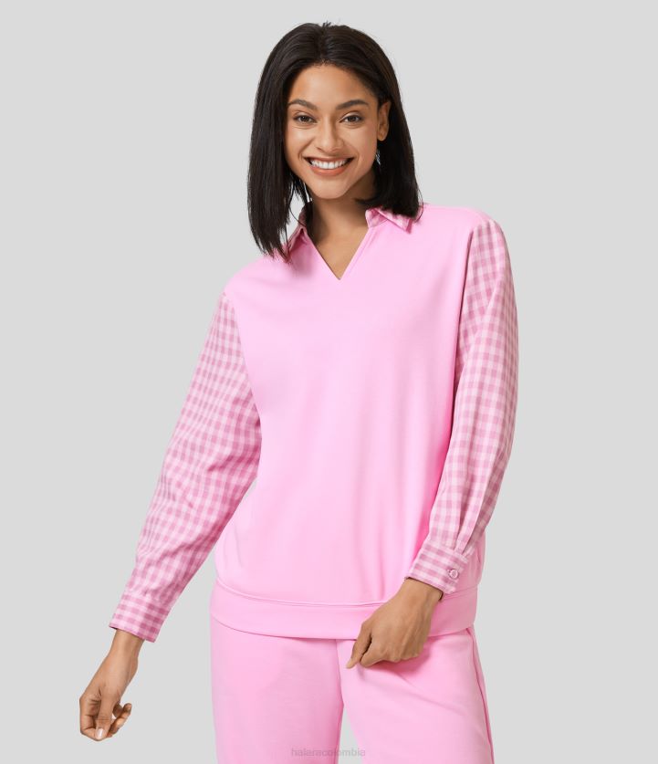 ropa glaseado suave rosa BBV2NZ1993 mujer Halara sudadera de algodón con cuello en V y manga larga a cuadros
