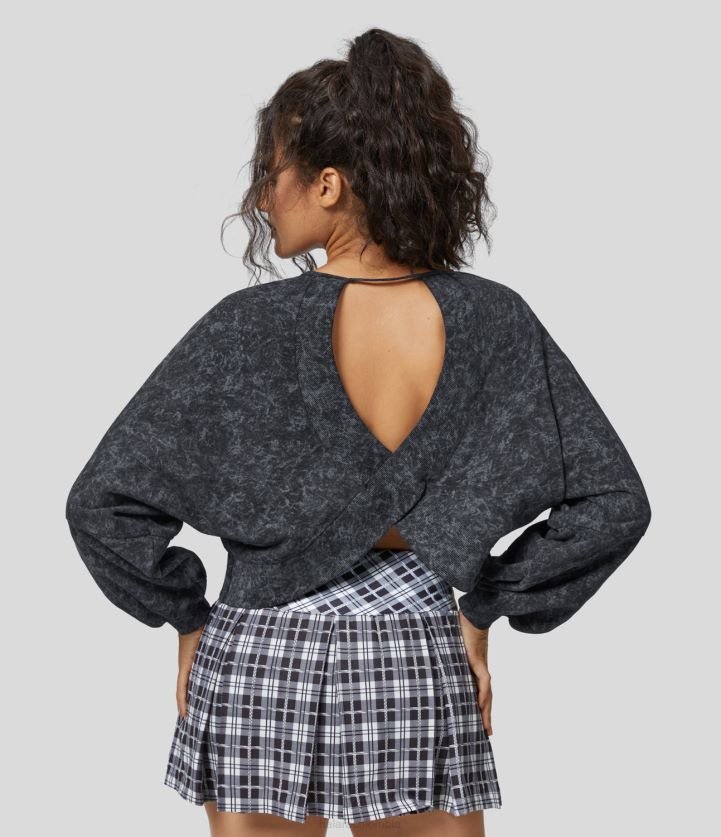 ropa gris humo oscuro BBV2NZ2018 mujer Halara sudadera casual de algodón lavada con dobladillo cruzado y aberturas sin espalda y manga larga