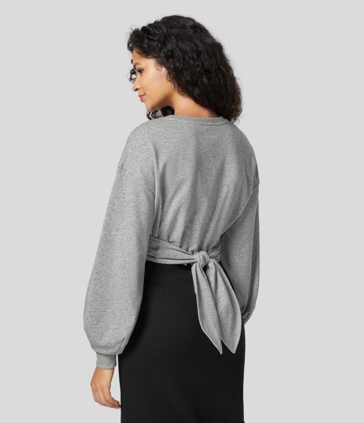 ropa gris niebla BBV2NZ2020 mujer Halara sudadera casual de algodón con cuello redondo y manga obispo cruzada con lazo en la espalda