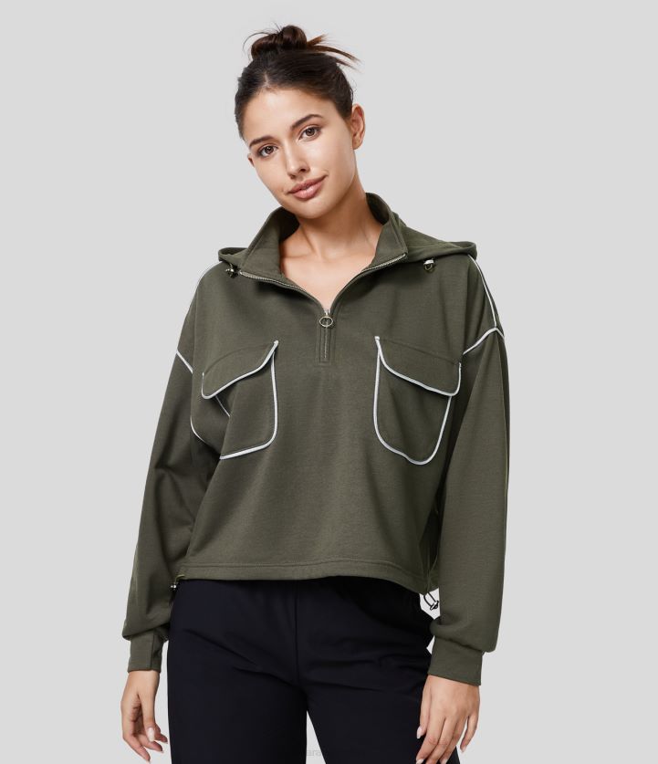 ropa hoja de uva BBV2NZ2013 mujer Halara sudadera casual de algodón con capucha extraíble, cuello alto, medio bolsillo con cremallera, cordón ajustable