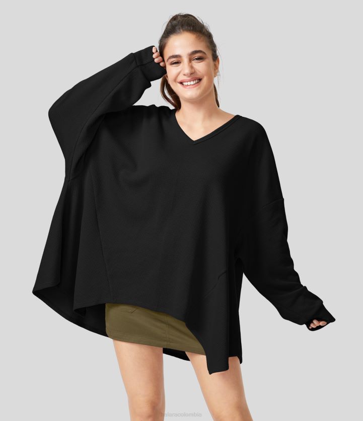 ropa negro BBV2NZ2027 mujer Halara sudadera informal de algodón estilo gofre con dobladillo asimétrico y manga larga con cuello en V extragrande