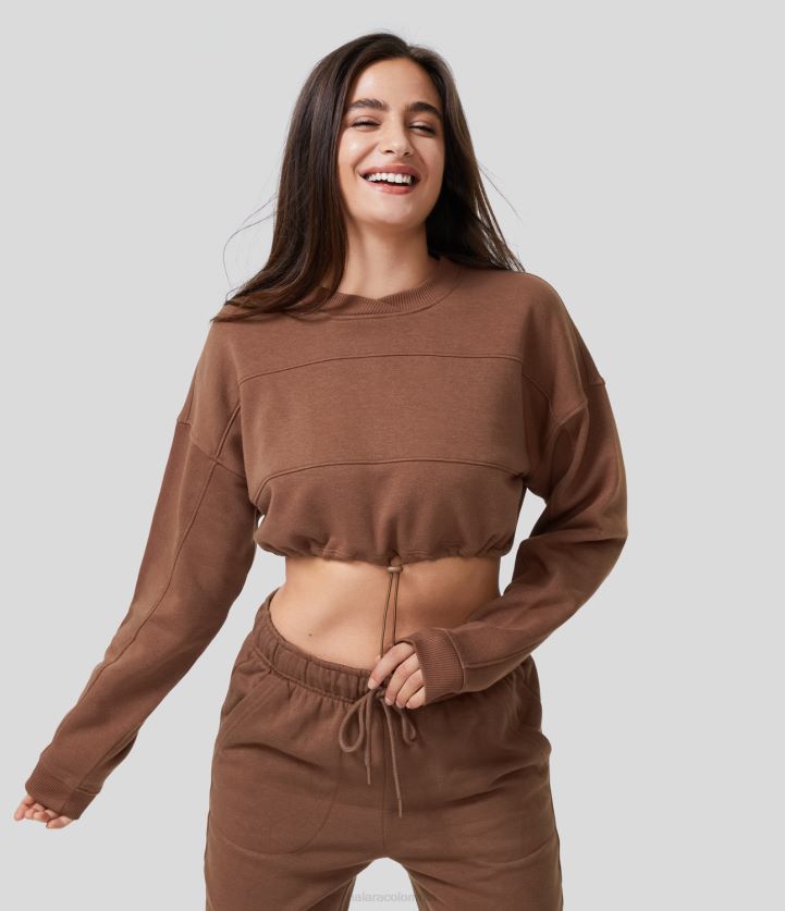 ropa rojizo BBV2NZ1964 mujer Halara Sudadera casual de algodón recortada de manga larga con dobladillo con cordón