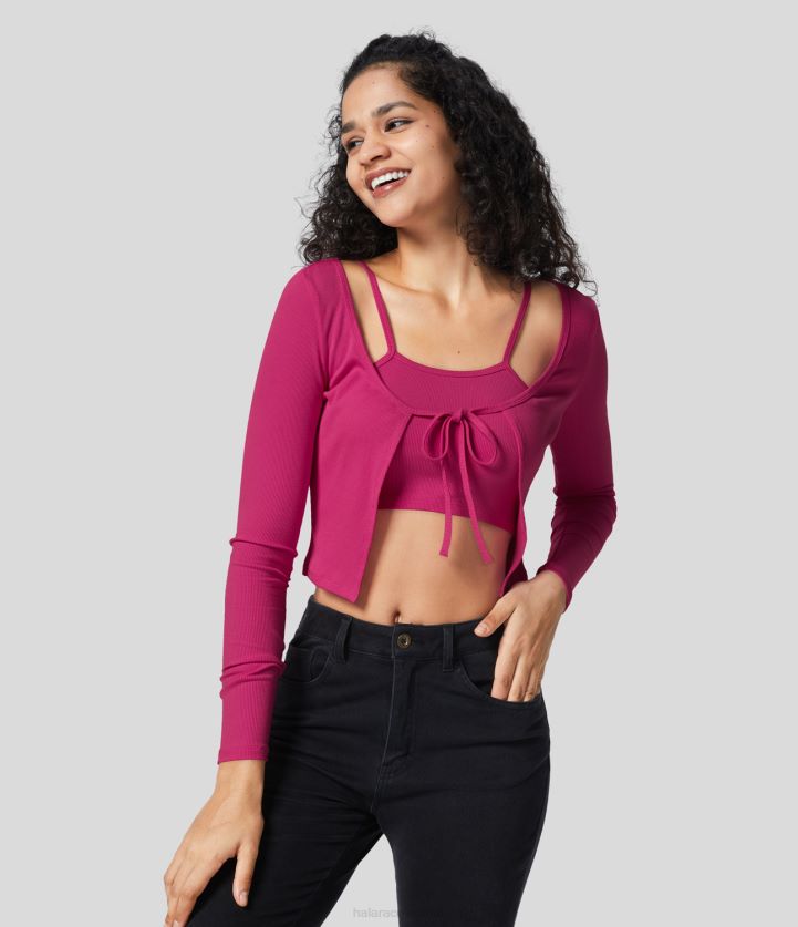 ropa pavo real rosa BBV2NZ1946 mujer Halara top casual corto de canalé de 2 piezas