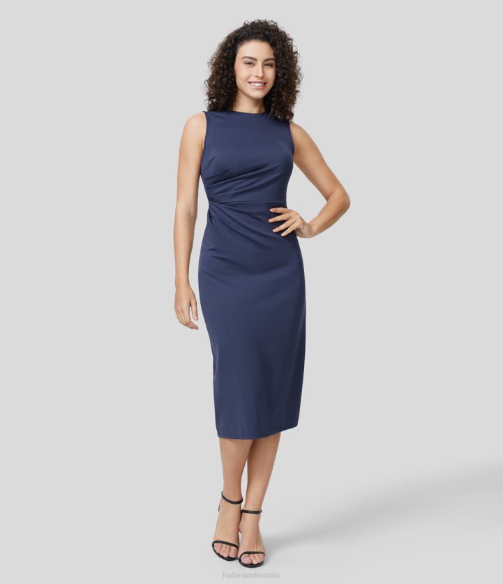 ropa Armada BBV2NZ1246 mujer Halara vestido de trabajo midi liso con cuello redondo, sin mangas, fruncido y dobladillo dividido