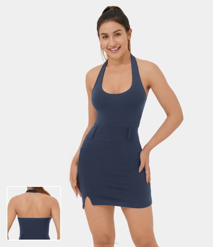 ropa Marina de guerra profunda BBV2NZ1010 mujer Halara Mini vestido casual ajustado con bolsillo lateral dividido y espalda descubierta