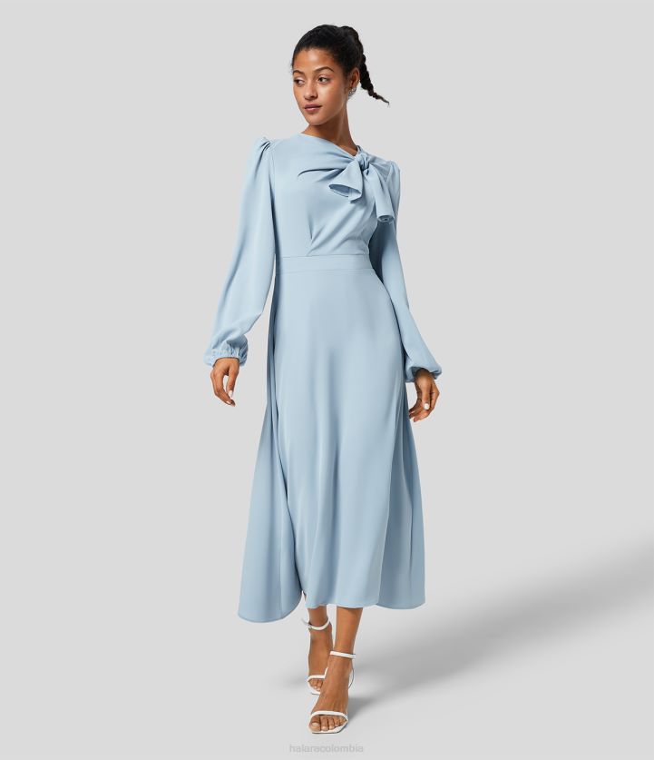 ropa Menta verde BBV2NZ1161 mujer Halara vestido de trabajo midi fluido con cuello anudado, manga abullonada y cremallera trasera