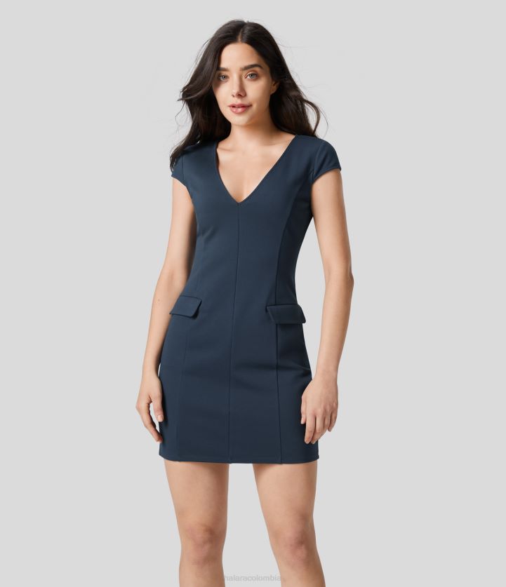 ropa Osa Mayor BBV2NZ983 mujer Halara Minivestido de trabajo ajustado con cuello en V profundo, manga japonesa y bolsillo con solapa