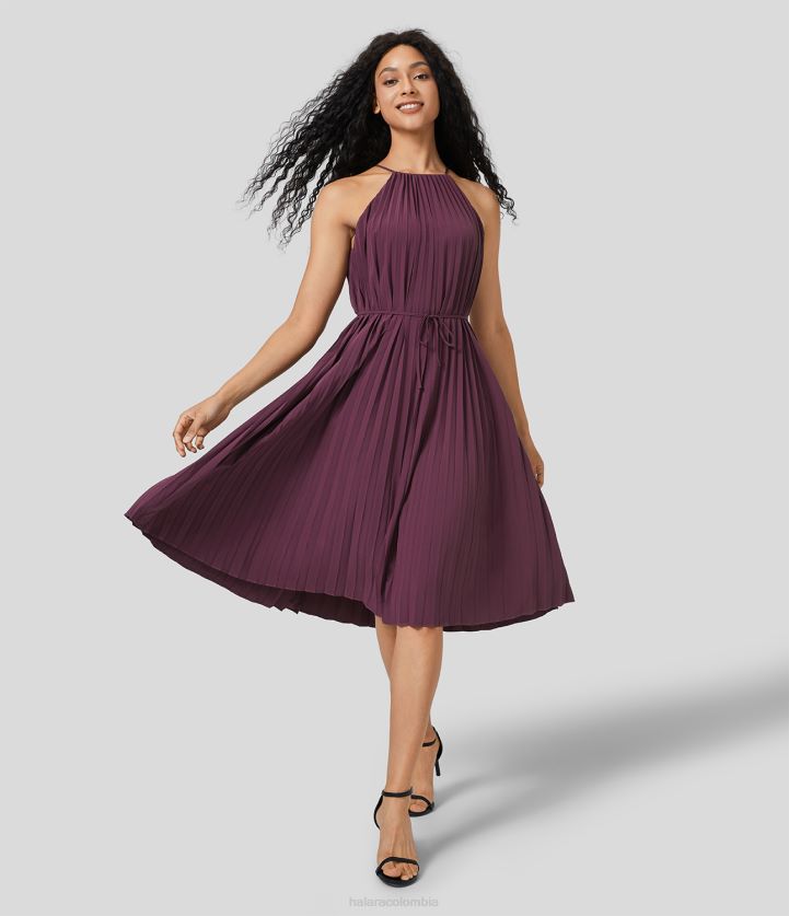 ropa amaranto BBV2NZ1194 mujer Halara Vestido informal midi de secado rápido, sin mangas, con escote halter y lazo en la espalda, plisado y con cinturón