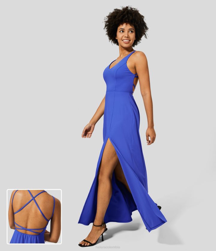 ropa aster azul BBV2NZ1187 mujer Halara Vestido largo casual fluido con cuello en V, espalda cruzada, dobladillo dividido y fluido