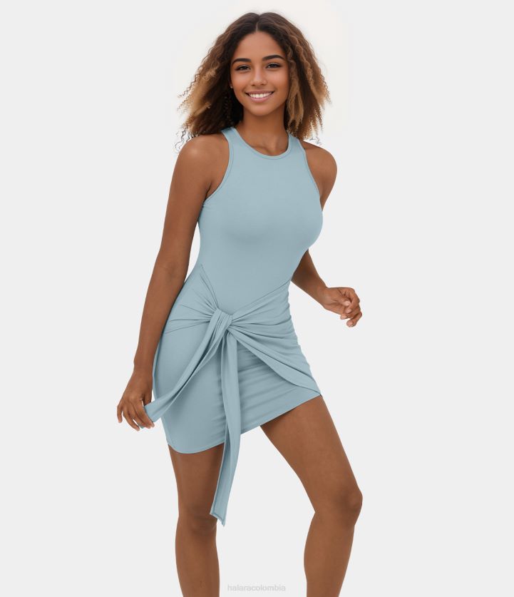 ropa azul esterlina BBV2NZ1018 mujer Halara Mini vestido casual ajustado con cuello redondo, sin mangas y lazo en la parte delantera