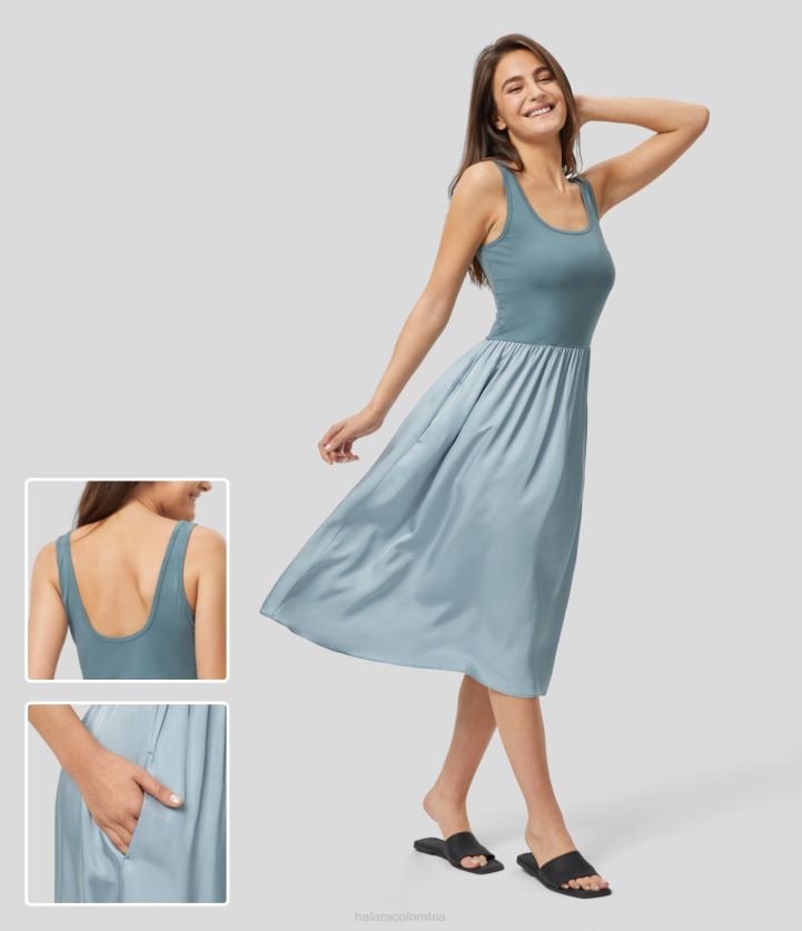 ropa azul esterlina BBV2NZ1188 mujer Halara Vestido casual con cuello en U, sin mangas, sin espalda, bolsillo lateral plisado, contraste satinado