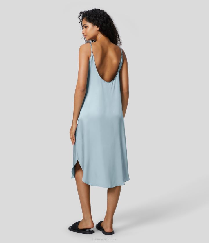 ropa azul esterlina BBV2NZ1248 mujer Halara vestido lencero informal midi satinado con dobladillo curvo y espalda descubierta