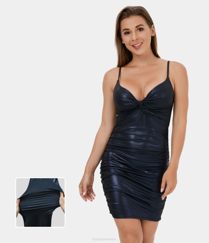 ropa azul medianoche brillante BBV2NZ1051 mujer Halara Minivestido informal elástico con estampado metalizado, fruncido, retorcido, sin espalda, ajustable, de piel sintética de softlyzero