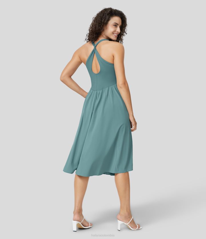 ropa azul mineral BBV2NZ1190 mujer Halara Vestido casual fluido de secado rápido a media pierna con escote cuadrado y escote cruzado, espalda retorcida, corte cruzado, dobladillo dividido