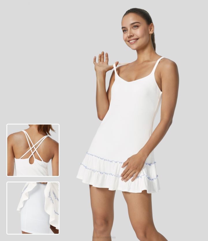 ropa blanco BBV2NZ1027 mujer Halara Minivestido casual 2 en 1 con volantes cruzados, espalda descubierta y sin mangas de punto acanalado