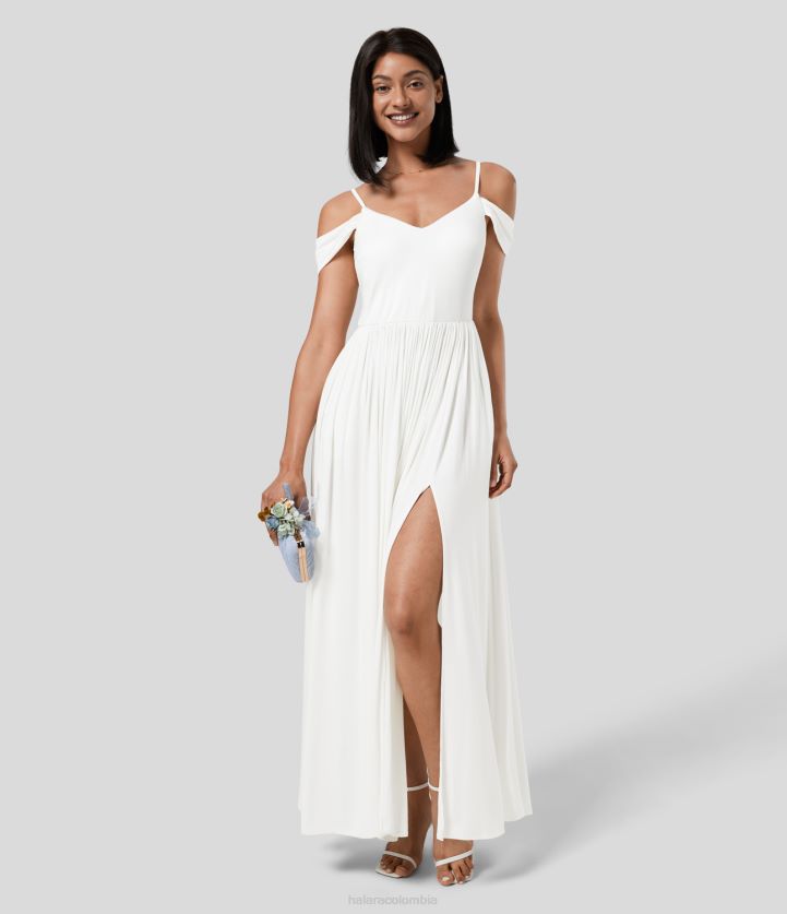 ropa blanco BBV2NZ1157 mujer Halara Vestido largo de dama de honor e invitada a la boda, fluido, con hombros descubiertos, bolsillo lateral, dobladillo dividido