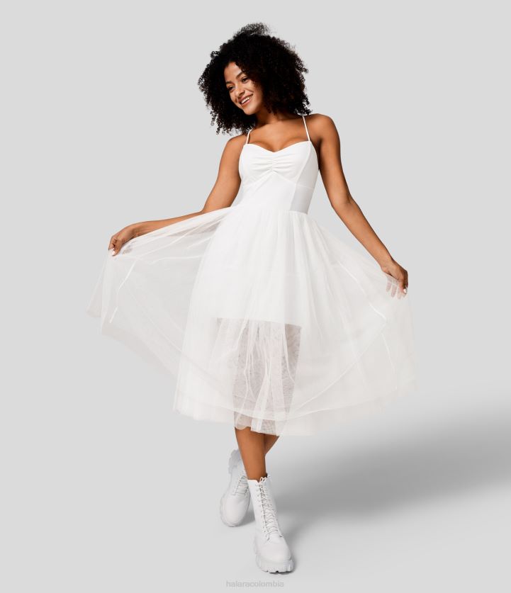 ropa blanco BBV2NZ1165 mujer Halara Vestido casual midi de malla en contraste con cordones cruzados, espalda descubierta, fruncido, con cuello en V