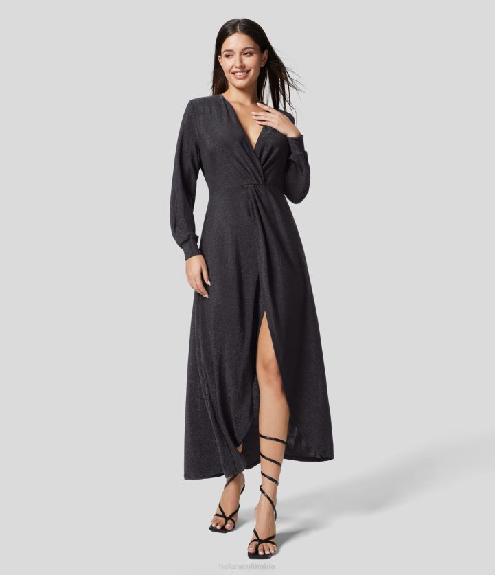 ropa brillo negro azul BBV2NZ1222 mujer Halara Vestido de fiesta metálico con escote en V profundo, cruzado, fruncido y bajo asimétrico