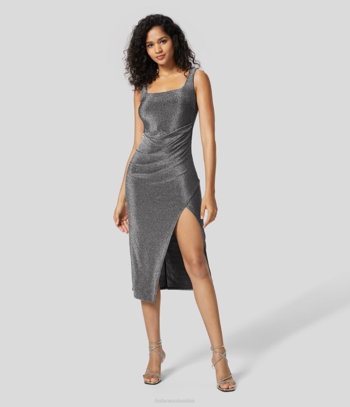 ropa brillo negro plata BBV2NZ1201 mujer Halara Vestido de fiesta midi metalizado con escote cuadrado, sin mangas, espalda descubierta, fruncido y dobladillo cruzado