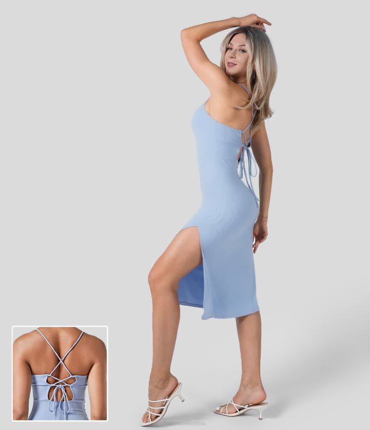 ropa cielo azul BBV2NZ1085 mujer Halara Vestido de fiesta relajado midi ajustado con tirantes divididos para todos los días: sensacional
