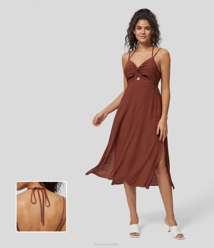 ropa copa de brandy BBV2NZ1171 mujer Halara vestido casual midi fluido con dobladillo dividido y espalda descubierta con cortes torcidos y halter