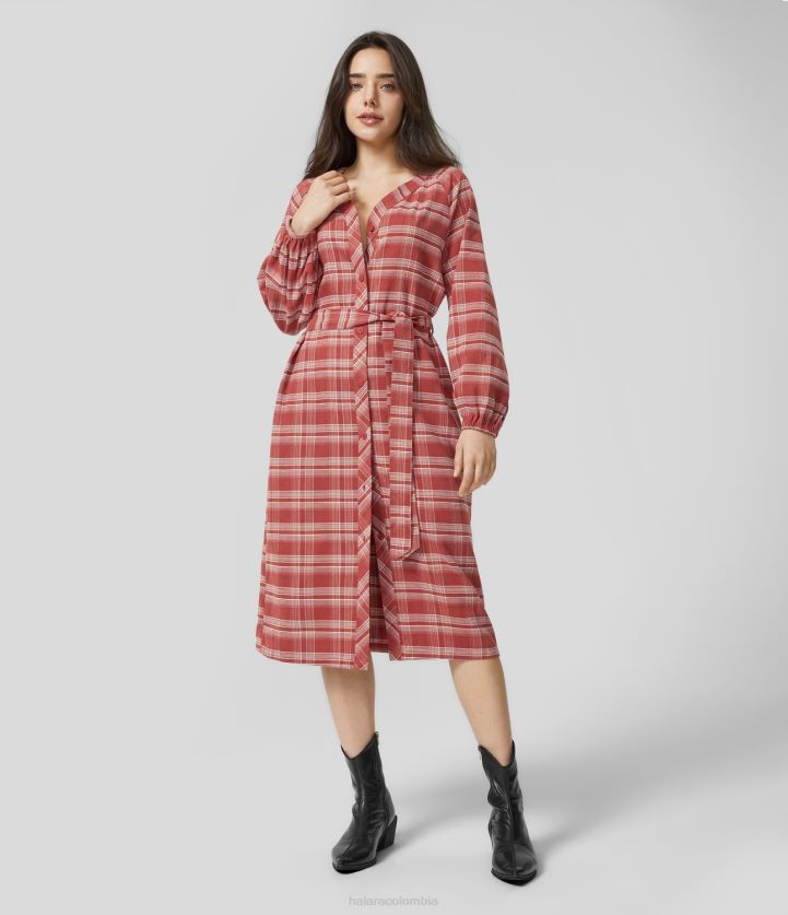 ropa cuadros al atardecer BBV2NZ1203 mujer Halara Vestido casual midi a cuadros de manga larga con cuello en V y botones en la parte delantera