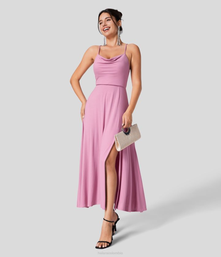 ropa dulce lila BBV2NZ1136 mujer Halara Vestido de fiesta midi con abertura y cordones entrecruzados, sin espalda, con cuello vuelto de canalé