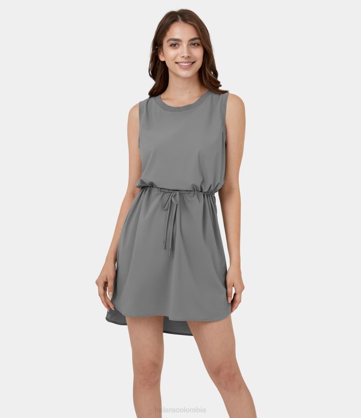 ropa franela gris BBV2NZ992 mujer Halara Mini vestido informal con cuello redondo, sin mangas, acanalado en contraste, con cordón y dobladillo dividido curvado alto y bajo