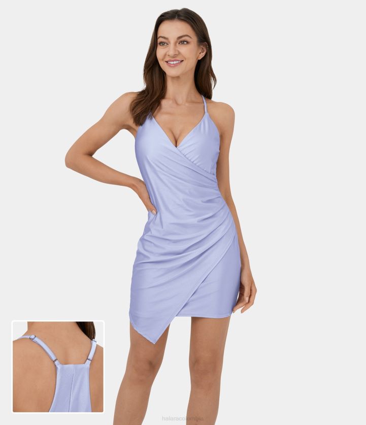 ropa gema azul claro BBV2NZ1036 mujer Halara Mini vestido casual ajustado con dobladillo asimétrico fruncido y espalda descubierta con correa ajustable