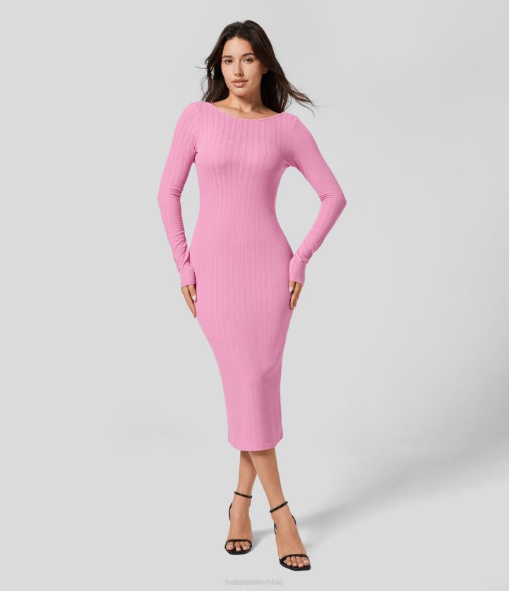 ropa glaseado rosa BBV2NZ1124 mujer Halara Vestido casual midi ajustado, manga larga, espalda descubierta, cuello barco