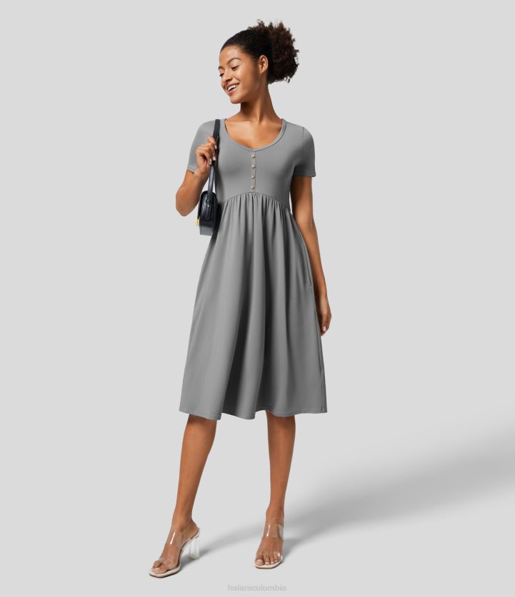 ropa gris definitivo BBV2NZ1150 mujer Halara vestido casual midi plisado con bolsillo lateral de manga corta con botones decorativos y cuello en v