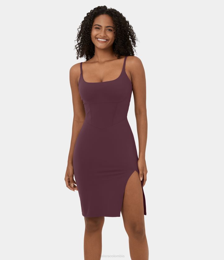 ropa higo BBV2NZ1087 mujer Halara Vestido informal midi ajustado con tirantes finos, cuello cuadrado, espalda descubierta, corsé dividido